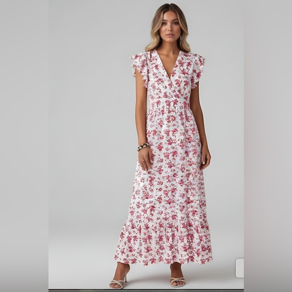 Boho Floral Print V-Neck Ruffle Sleeve Maxi Dress Red - Picture 3 of 8